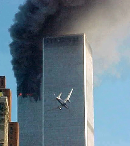 United Airlines Flight 175 moments before striking the South Tower of the World Trade Center on September 11, 2001